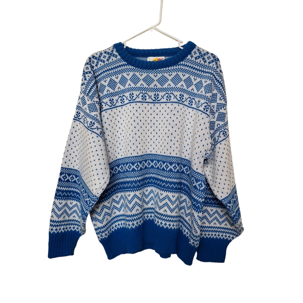 Vintage Poplar Acrylic Sweater Size L‎ Blue 80's Retro Geometric Chevron USA